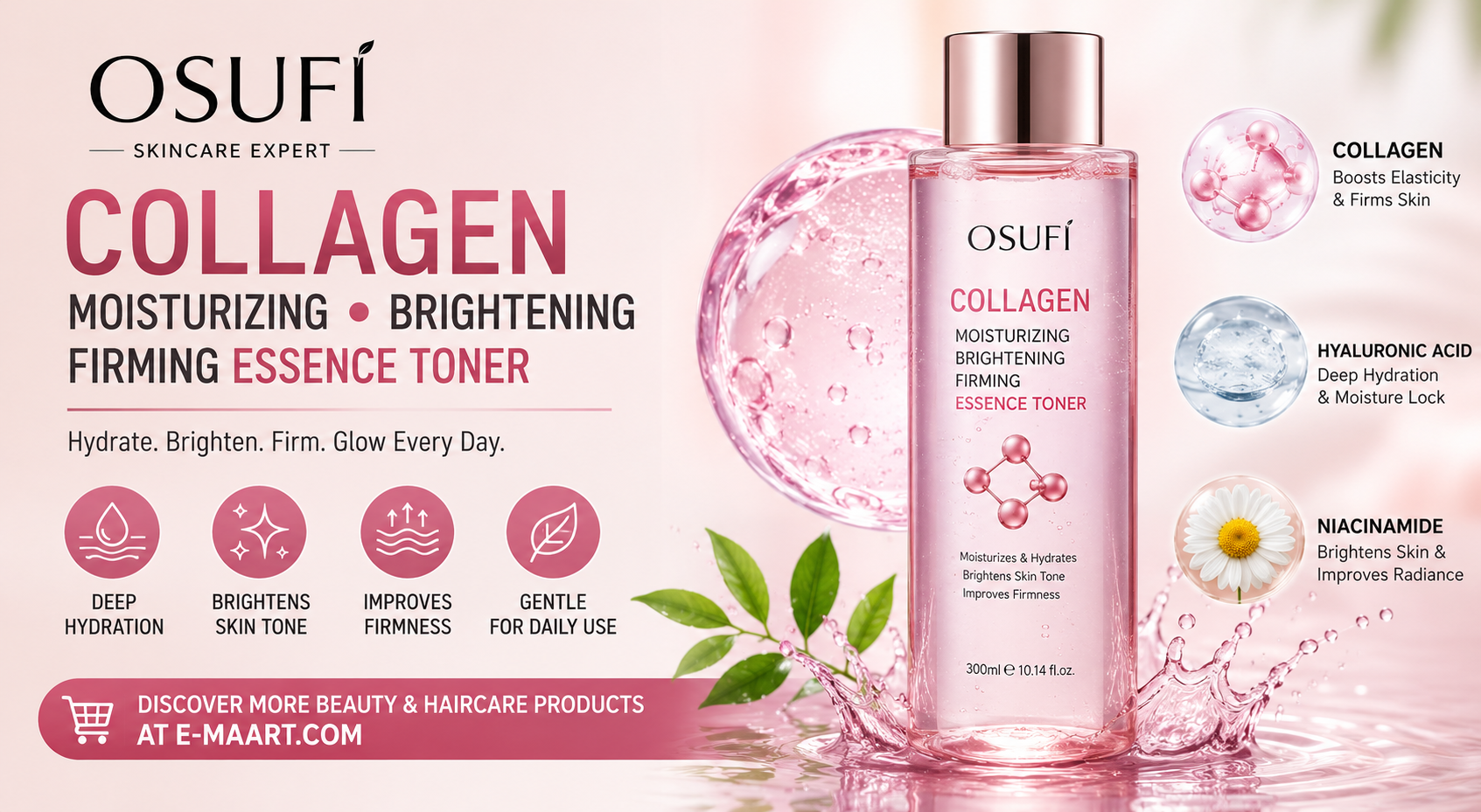 OSUFI Collagen Moisturizing Brightening Firming Essence Toner 300ml for Glowing Skin