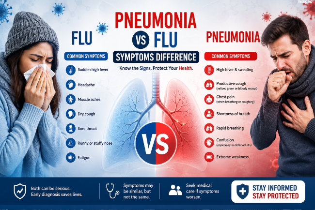 pneumonia vs flu symptoms difference